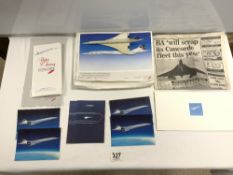 A MODEL OF A CONCORDE WITH TWO CONCORDE CHRISTMAS FLIGHT ITINERARY"S, LUGGAGE TAGS, SEAT AND