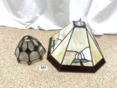 A TIFFANY STYLE OCTAGONAL LEADED LIGHT LAMP SHADE, AND A SMALLER SHADE.