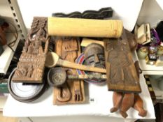 A QUANTITY OF CARVED WOODEN ITEMS VARIOUS.