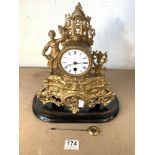 A FRENCH GOLD PAINTED SPELTER MANTEL CLOCK, WITH ENAMEL DIAL, MOVEMENT STAMPED 6281. 32 CMS.