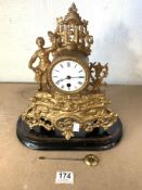 A FRENCH GOLD PAINTED SPELTER MANTEL CLOCK, WITH ENAMEL DIAL, MOVEMENT STAMPED 6281. 32 CMS.