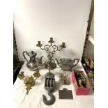 A PLATED COFFEE POT AND TEAPOT, PLATED CRUET, A BRASS THREE BRANCH CANDELABRUM, WALL LIGHT, AND