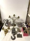 A PLATED COFFEE POT AND TEAPOT, PLATED CRUET, A BRASS THREE BRANCH CANDELABRUM, WALL LIGHT, AND