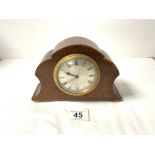 A SMALL EDWARDIAN INLAID MAHOGANY MANTEL CLOCK, WITH A SILVERED DIAL.