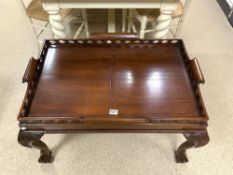 CHIPPENDALE STYLE MAHOGANY BUTLERS TRAY ON STAND WITH CABRIOLE BALL AND CLAW LEGS, TRAY WITH PIERCED