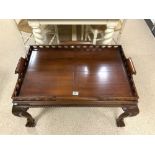 CHIPPENDALE STYLE MAHOGANY BUTLERS TRAY ON STAND WITH CABRIOLE BALL AND CLAW LEGS, TRAY WITH PIERCED