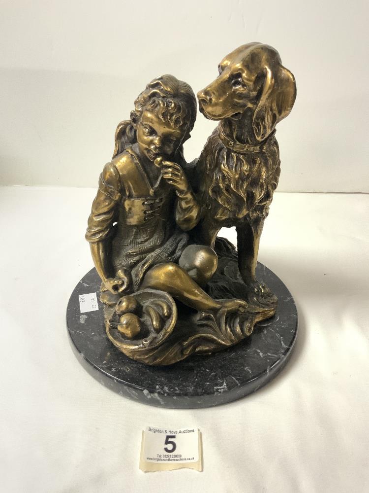 GILT METAL GROUP OF CHILD WITH DOG ON CIRCULAR MAR