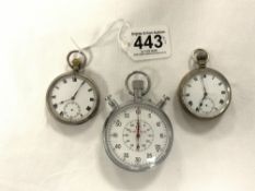 OMEGA STOP WATCH, AND TWO SILVER POCKET WATCHES.