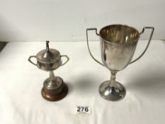 HALLMARKED SILVER TROPHY 19.5CM WITH A HALLMARKED SILVER GOLFING LIDDED CUP TOTAL SILVER WEIGHT