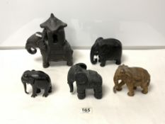 FIVE CARVED AFRICAN ELEPHANT FIGURES.