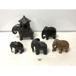 FIVE CARVED AFRICAN ELEPHANT FIGURES.