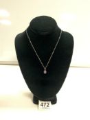 A 750-HALLMARKED WHITE GOLD NECKLACE AND PENDANT SET WITH A PINK SAPPHIRE.