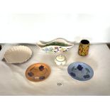 SIX PIECES OF POOLE POTTERY, INCLUDES 1970s VASES, POT AND COVER, SHELL SHAPE DISH AND TWO OTHERS.