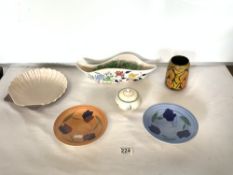 SIX PIECES OF POOLE POTTERY, INCLUDES 1970s VASES, POT AND COVER, SHELL SHAPE DISH AND TWO OTHERS.