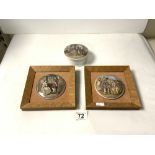 THREE VICTORIAN PRATTWARE POT LIDS, ONE ENTITLED PERSUASION, TWO MOUNTED IN MAPLE FRAMES.