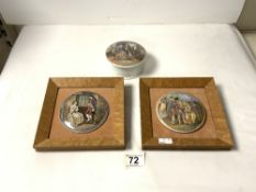 THREE VICTORIAN PRATTWARE POT LIDS, ONE ENTITLED PERSUASION, TWO MOUNTED IN MAPLE FRAMES.