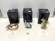 THREE BOXED ROYAL CROWN DERBY PIECES AMAZON GREEN PARROT, CROCODILE AND STARLITE HARE
