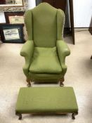 VINTAGE GREEN WINGBACK ARMCHAIR WITH BALL FEET AND GREEN STOOL BY BERESFORD AND HICKS
