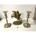 ORMOLU CAST FIGURE OF A CAVALIER, BRASS FIGURE OF A PRANCING HORSE, 22CMS, AND A PAIR OF SILVER-