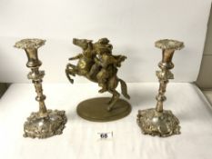 ORMOLU CAST FIGURE OF A CAVALIER, BRASS FIGURE OF A PRANCING HORSE, 22CMS, AND A PAIR OF SILVER-