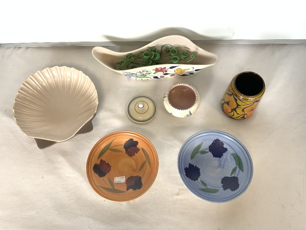 SIX PIECES OF POOLE POTTERY, INCLUDES 1970s VASES, POT AND COVER, SHELL SHAPE DISH AND TWO OTHERS. - Image 2 of 4