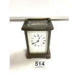BRASS CARRIAGE CLOCK WITH WHITE ENAMEL DIAL - WORKING ORDER WITH KEY 11.5CM