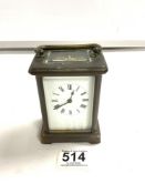 BRASS CARRIAGE CLOCK WITH WHITE ENAMEL DIAL - WORKING ORDER WITH KEY 11.5CM
