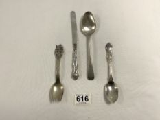 TWO HALLARKED SILVER SPOONS, A SILVER BUTTER KNIFE, AND A DANISH SILVER SPOON. 88 GRAMS.