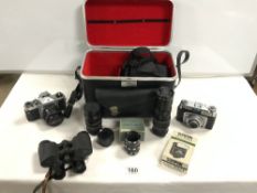 PENTAX ASAHI S 1A CAMERA, NUMBER 646213, TWO LENSES, ILFORD SPORTMAN CAMERA, ACCESORIES, AND A