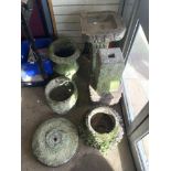 A SQUARE STONE BIRD BATH, 39X72, A STONE FLUTED GARDEN URN, STONE BRICK EFFECT CIRCULAR PLANTER, AND