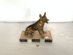 A FRENCH ART DECO GILDED SPELTER ALSATIAN FIGURE ON THREE COLOUR MARBLE BASE, 27 CMS.