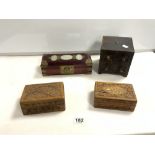 A SMALL FOUR DRAWER COLLECTORS CHEST, ORIENTAL JADE INSET JEWELLERY BOX, AND TWO CARVED WOODEN