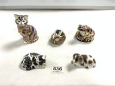 FIVE ROYAL CROWN DERBY ANIMALS CATS FROG DOG AND A SLEEPING DOORMOUSE