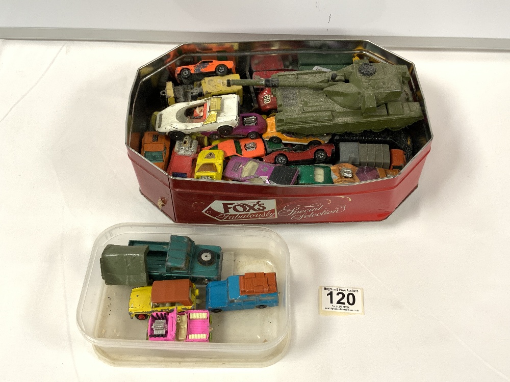 A DINKY TOYS CHIEFTAIN TANK, AND CORGI AND MATCHBOX CARS ETC.