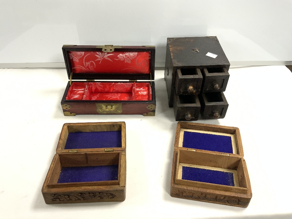 A SMALL FOUR DRAWER COLLECTORS CHEST, ORIENTAL JADE INSET JEWELLERY BOX, AND TWO CARVED WOODEN - Image 3 of 3