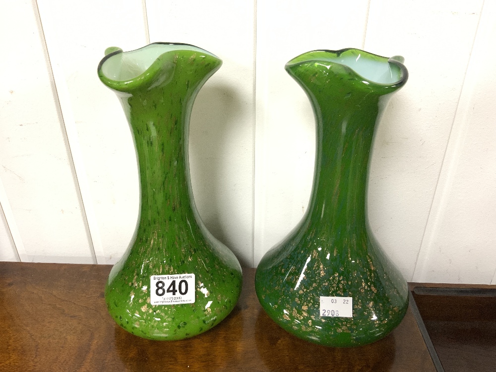 PAIR OF MURANO GREEN GLASS WITH GOLD FLECKSFLOWER VASES 26CM