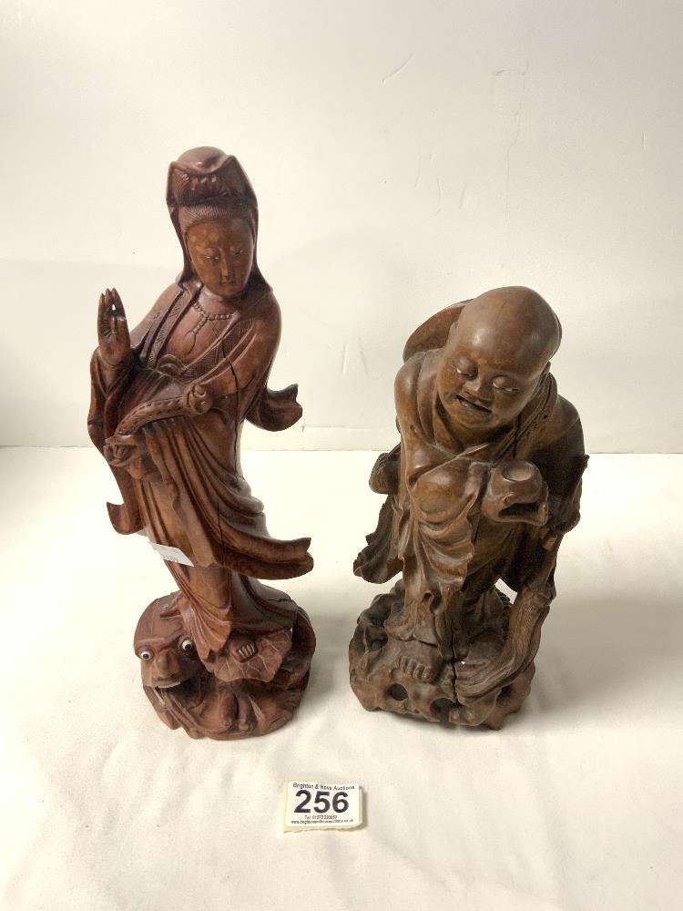 TWO VINTAGE CARVED WOODEN CHINESE FIGURES LARGEST 33CM