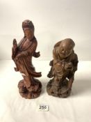 TWO VINTAGE CARVED WOODEN CHINESE FIGURES LARGEST 33CM