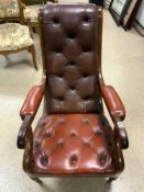 19TH CENTURY CHESTERFIELD ARMCHAIR BUTTON BACK IN OXBLOOD RED LEATHER ON ORIGINAL CASTORS NICE CLEAN