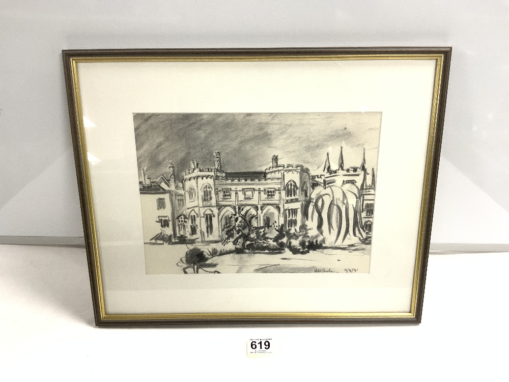 A CHARCOAL STUDY OF A COUNTRY HOUSE, INDISTINCTLY SIGNED AND DATED 9/8/91.