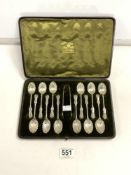 SET OF TWELVE VICTORIAN HALLMARKED SILVER TEASPOONS WITH MATCHING TONGS WITH EMBOSSED BOWLS DATED