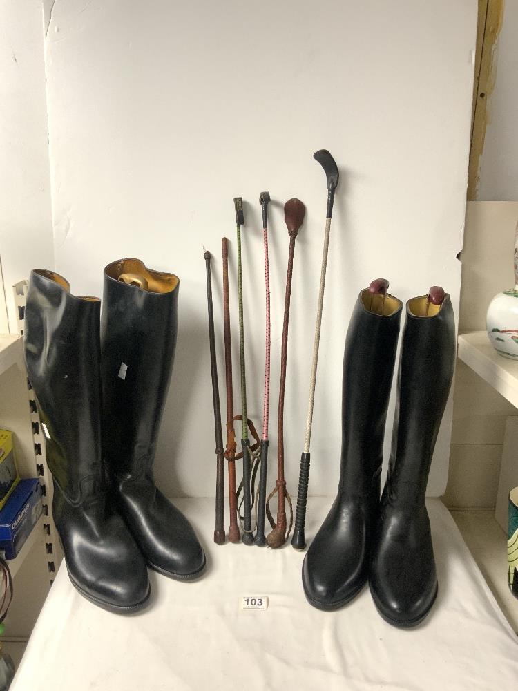 TWO PAIRS OF RIDING BOOTS SIZE 7, AND 46, AND SIX RIDING CROPS.