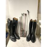 TWO PAIRS OF RIDING BOOTS SIZE 7, AND 46, AND SIX RIDING CROPS.