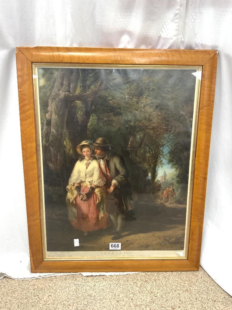 A PEARS 1908 PRINT - " THE OLD OLD TALE " IN A MAPLE FRAME, A/F, 48X60.