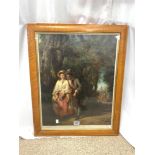 A PEARS 1908 PRINT - " THE OLD OLD TALE " IN A MAPLE FRAME, A/F, 48X60.