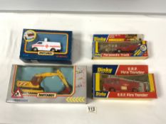 DINKY DIECAST TOYS BOXED PARAMEDIC TRUCK 267, ERF FIRE TENDER 266, MATCHBOX JCB 808, AND ANOTHER.