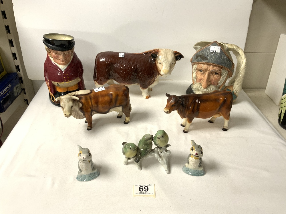 A ROYAL DOULTON CHARACTER MUG - DON QUIXOTE D 6455, THREE PORCELAIN BULLS, TOBY JUG AND DISNEY