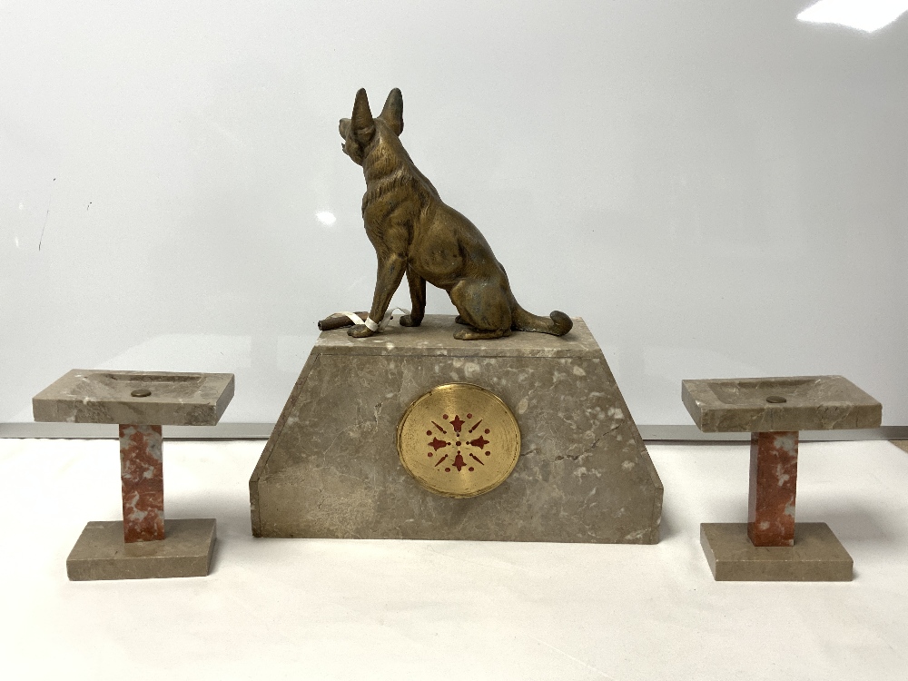 A FRENCH ART DECO SPELTER DOG MOUNTED TWO COLOUR MARBLE THREE PIECE CLOCK GARNITURE. - Image 6 of 8