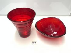 TWO RUBY RED WHITEFRIARS VASES LARGEST 20CM
