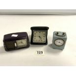 A SMALL RADIO FORM BEDSIDE ALARM CLOCK BY PETER, A MAPPIN 8 DAY TRAVEL ALARM CLOCK, AND AN ENAMEL